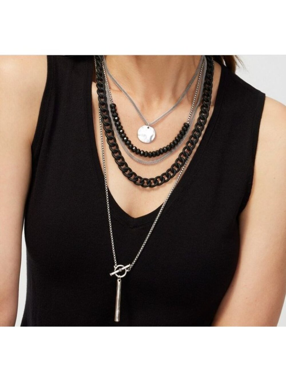 Chico's Black & Silver Tone Convertible Necklace NEW $89 Whimsigoth Lagenlook